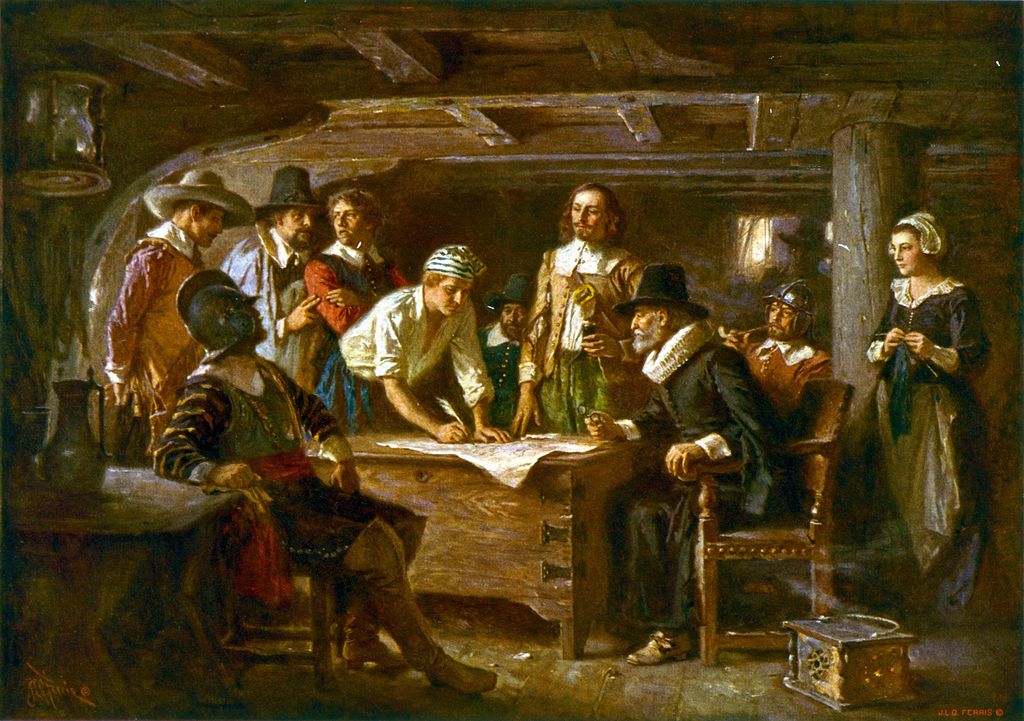 painting of the signing of the Mayflower Compact